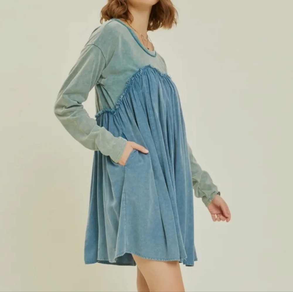 1XL NWT HEYSON Chambray/Grn Mineral Wash Dress 25.5ptp 36.5Long 2 Pockets SOFT! - Picture 2 of 16